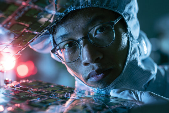 Engineer in Cleanroom Suit Inspecting Microchip Semiconductor