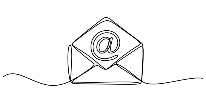 Continuous single line drawing of an email envelope icon with at symbol