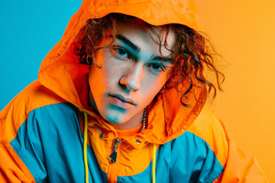 Trendy Young Man Wearing Colorful Hooded Windbreaker