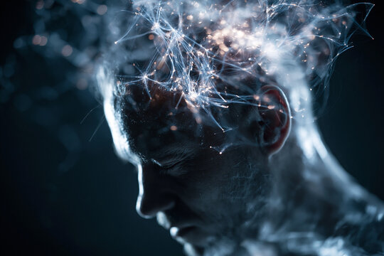 Man with Glowing Neural Synapses Brain Activity Concept