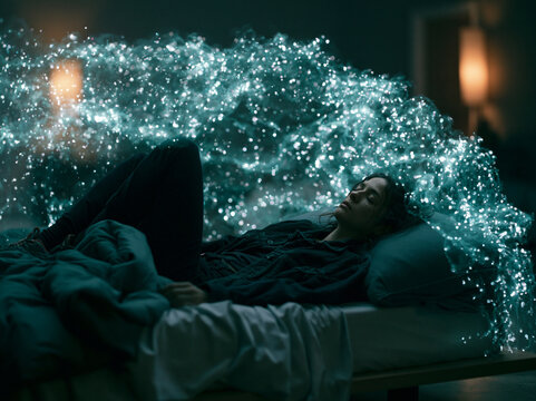 Woman Sleeping in Bed Surrounded by Glowing Dream Lights