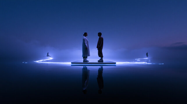Couple Facing Each Other on Glowing Water Platform