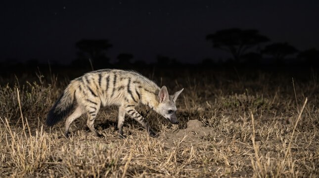 Aardwolf Foraging in African Savannah At Night. Concept of nocturnal animal, african wildlife, night safari. Copy space.
