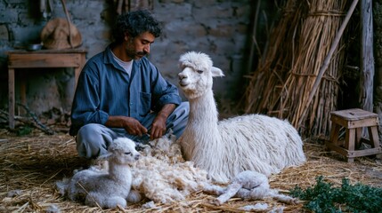 Naklejka premium Shepherd tending to alpaca flock in rustic barn with newborn cria during shearing process with warm natural light