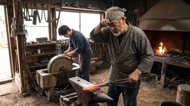 Japanese Blacksmith Master and Apprentice Forging Metal in Traditional Workshop. Concept of traditional craftsmanship, master craftsman.
