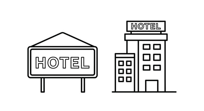 Hotel sign and building outline black line art on white background