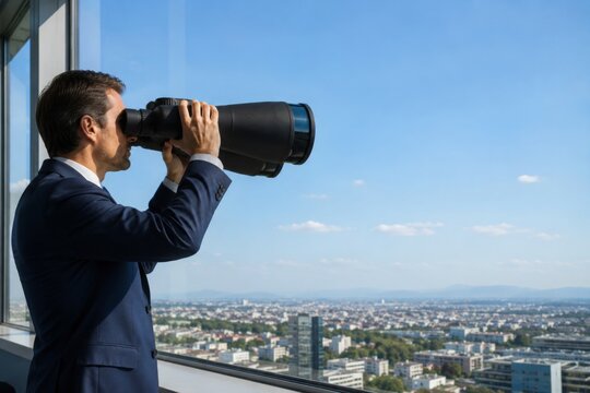 Businessman Searching for Opportunities from a High-Rise Office