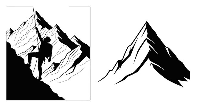 Mountain range silhouette with rock climber black and white vector illustration