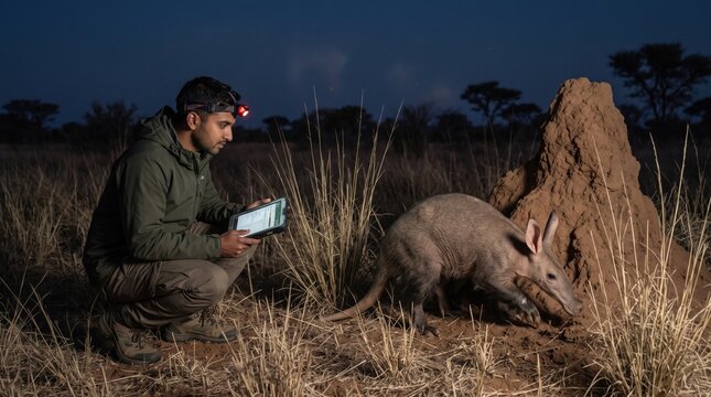 Wildlife Researcher Observing Aardvark at Night in African Savanna. Concept of nocturnal animal, wildlife monitoring. Copy space.
