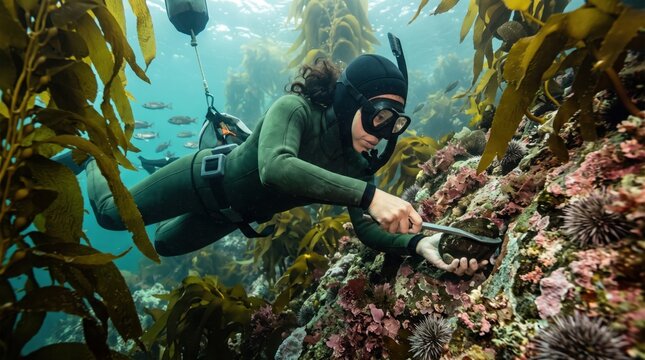 Female Freediver Harvesting Abalone in Underwater Kelp Forest. Concept of freediving, abalone harvest, scuba diver, ocean foraging.