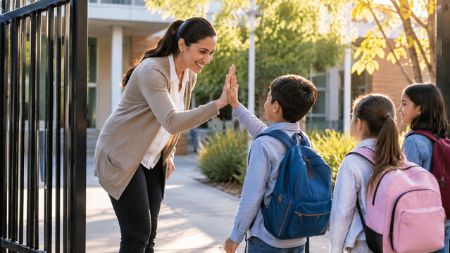 Teacher Greeting Children at the School Gate