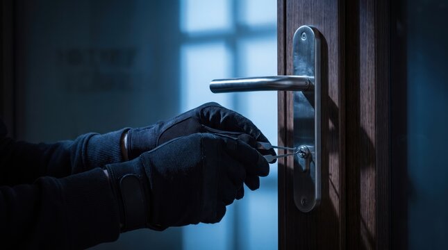 gloved hands of burglar picking door lock at night. concept of home security service, crime, theft and break-in. dark moody lighting. insurance, safety