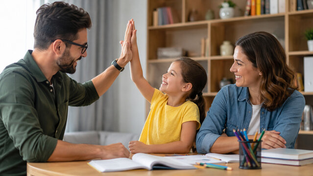 Family Celebrating Homework Finished with a High-Five