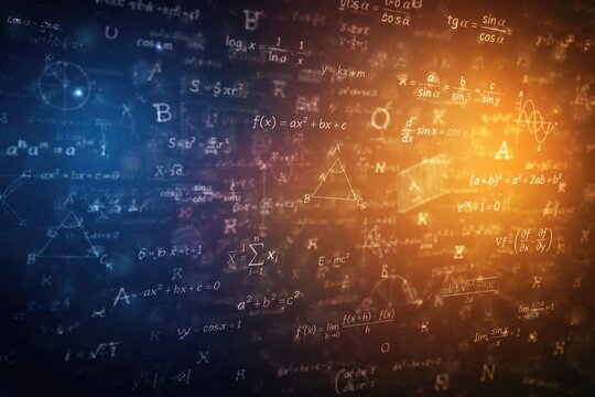 Abstract mathematical equations and formulas background with glowing light effects for science and education. Concept of math background, physics equations, education concept.