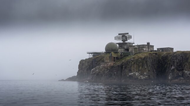 abandoned military radar station on rocky cliff in foggy ocean. cold war relic with radome and antennas. mysterious atmospheric landscape. copyspace. banner, website header.