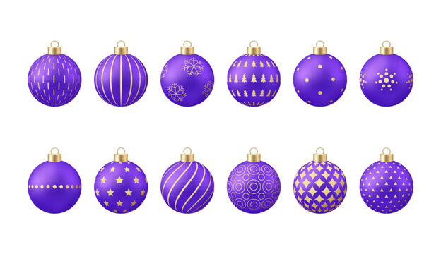 Elegant Purple and Gold Christmas Ornaments Set for Festive Holiday Decor, Featuring Modern Patterns and Luxurious Design..
