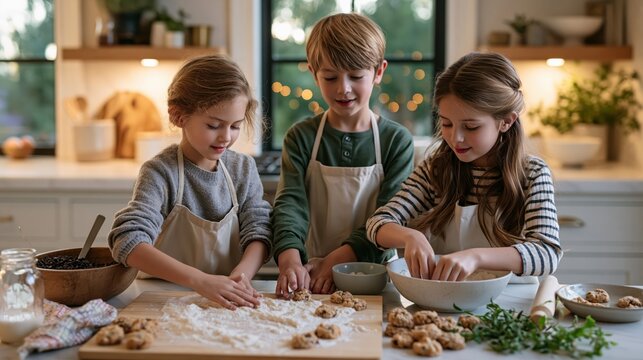 Three smiling Caucasian children in aprons kneading dough and making cookies in a bright cozy kitchen during golden hour