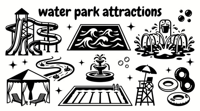 water park attractions featuring water slides wave pools splash zones lazy rivers fountains swimming pools cabanas lifeguard stations inflatable tubes and recreational vector illustration set