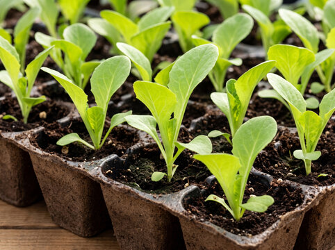 Young green vegetable seedlings growing in biodegradable peat pots