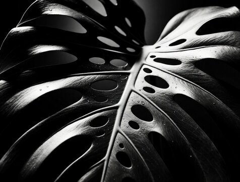 Macro view of monstera deliciosa leaf in black, white. Large tropical plant foliage shows detailed texture, veins, natural holes. Dark monochrome aesthetic with water droplets on surface. Minimalist