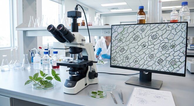 Modern Scientific Laboratory with Microscope Screen Showing Plant Stomata Cell Structure Biology Research. Copy space.