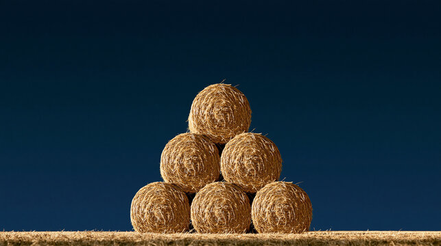 Symmetrical pyramid stack of round hay bales on harvested agricultural field under dark blue sky background