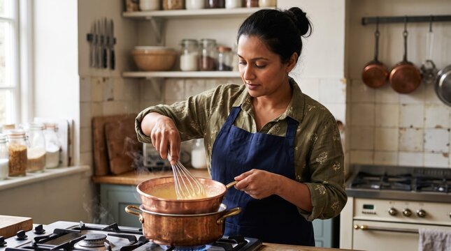 Indian Woman Cooking Sauce in Copper Pan in Rustic Kitchen. Concept of home cooking, chef.