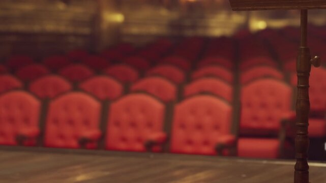 A large room is filled with red velvet chairs arranged in rows. The stage is empty, set for a show. Lights are dimmed and the atmosphere is quiet before the audience arrives.