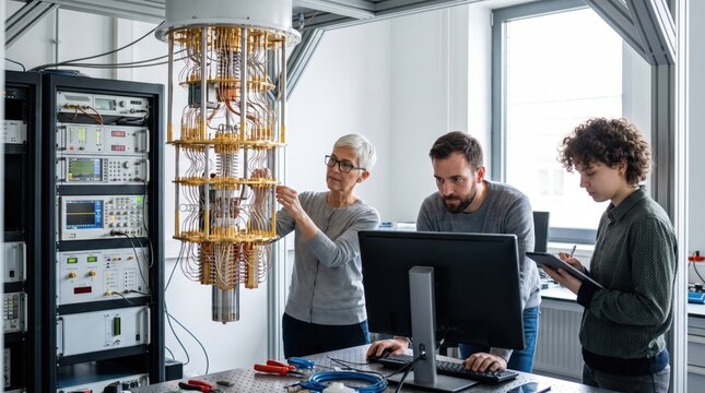 Scientists working on quantum computer in modern research laboratory. Concept of scientists team, high technology, quantum computing. Copy space.