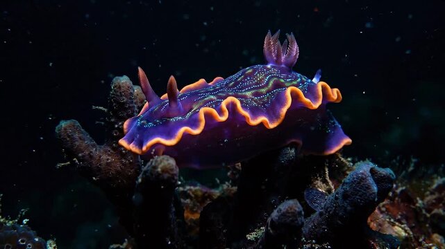 Slow tracking tilt of colorful nudibranch gliding over coral reef on dark underwater seabed at night showing iridescent purple orange ruffled mantle and feeding behavior