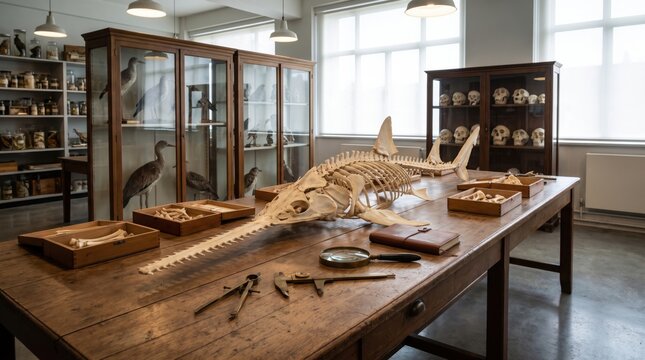 Sawfish Skeleton and Anatomic Specimens on Wooden Table in Science Museum Laboratory. Concept of anatomy.