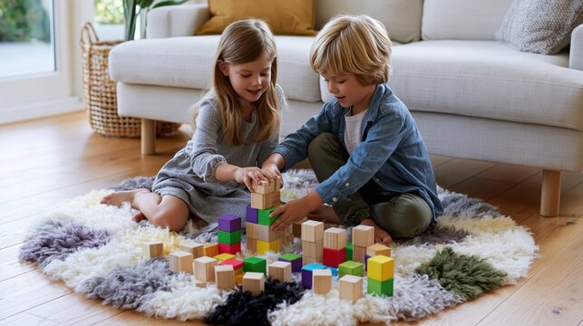 Two happy young children building with colorful wooden blocks on a fluffy rug during daytime with soft natural light