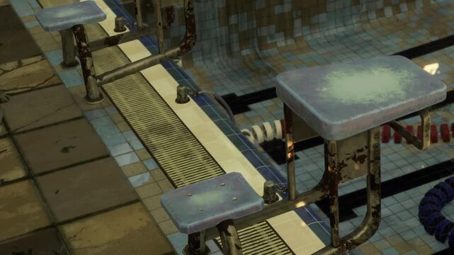 An empty swimming pool with two diving boards at the end. The pool has lane markings on the bottom and blue tiles around the edges. Water is clear and still.