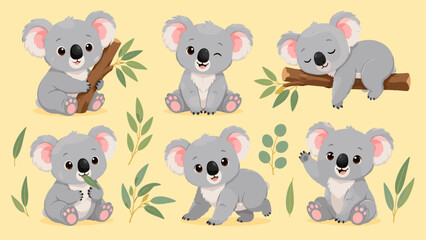 Fototapeta premium Cute cartoon koala characters in various poses with eucalyptus leaves