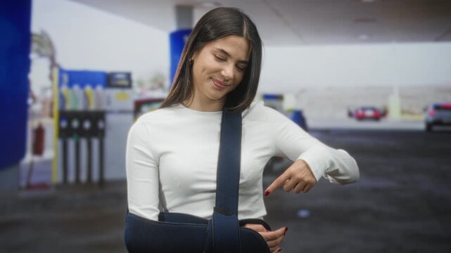 Young hispanic woman points finger to injured arm in a sling at a gas station, smiling; optimism recovery.