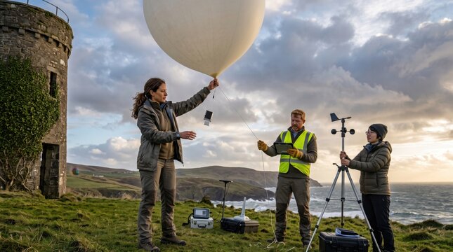 Scientists Launching Weather Balloon for Climate Research. Concept of meteorologist, scientific research, weather station. Copy space.