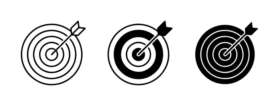 Target icons, bullseye vector symbols, dartboard graphics for business goals, strategy, success