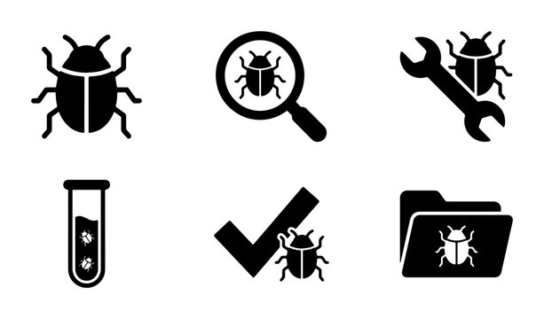 Bug Icons Set: Software Testing, Debugging, Research, Quality Assurance, Vector Graphics
