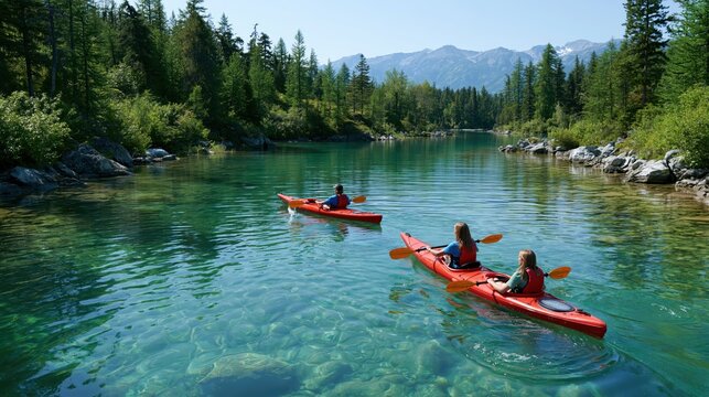 Two red kayaks gliding on a pristine turquoise river surrounded by lush green forest and distant mountains under bright daylight