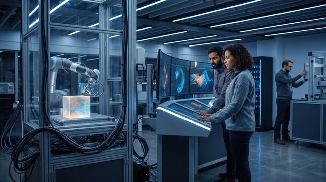 Engineers Monitoring Robotic Arm and 3D Laser Printing Process in Modern High Tech Laboratory. Concept of artificial intelligence, robotics.