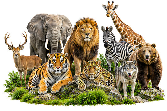 Group of wild african safari animals standing on green grass isolated on white background