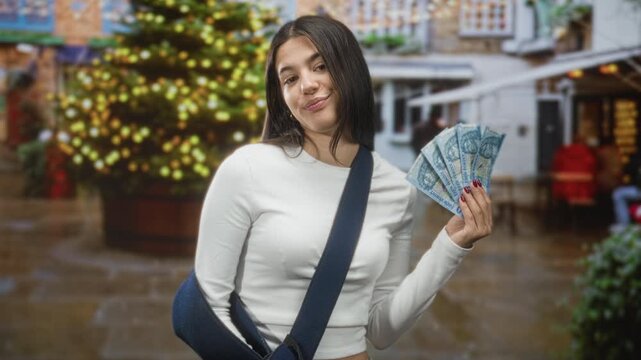 Young woman holds fanned hungarian forint banknotes in her right hand, arm in a blue sling, posing in a wet street christmas market; playful confidence.