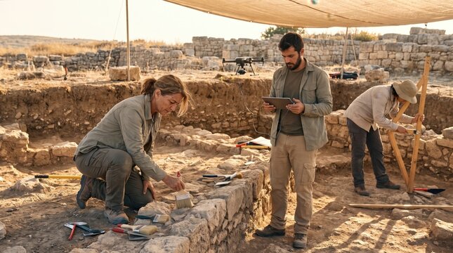 Archaeologists Working at Excavation Site with Modern Drone and Tablet Technology. Concept of archaeologist, archaeology, digital tablet. Copy space.