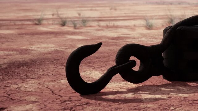 The scene shows a large hook resting on dry, cracked soil in a desert landscape. Sparse vegetation is visible in the background under a clear sky.