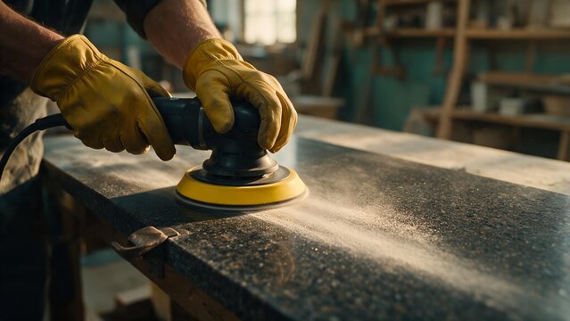 Skilled craftsman wears yellow leather gloves while using electric orbital sander to smooth granite countertop surface in professional carpentry workshop