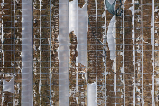 Aerial view of damaged greenhouse structures with torn plastic sheeting covering metal frames in Portugal.