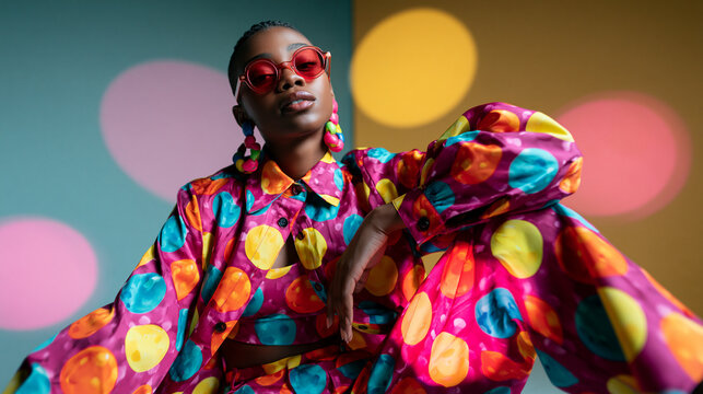Fashionable Young Black Woman in Colorful Polka Dot Outfit