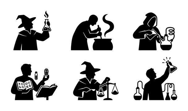 Alchemy Icons Set, Wizard Potion Making, Medieval Science Symbols, Vintage Magic Formulas, Vector Graphics