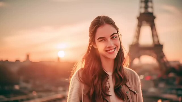 Paris, France, Europe. A portrait of a young woman captured in a candid moment. She stands in front of the Eiffel Tower, bathed in the warm glow of the setting sun. The woman, with long.