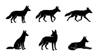 Obraz premium Coyote Silhouettes: Six Poses, Wild Canine Vector Icons, Nature Wildlife Animal Art